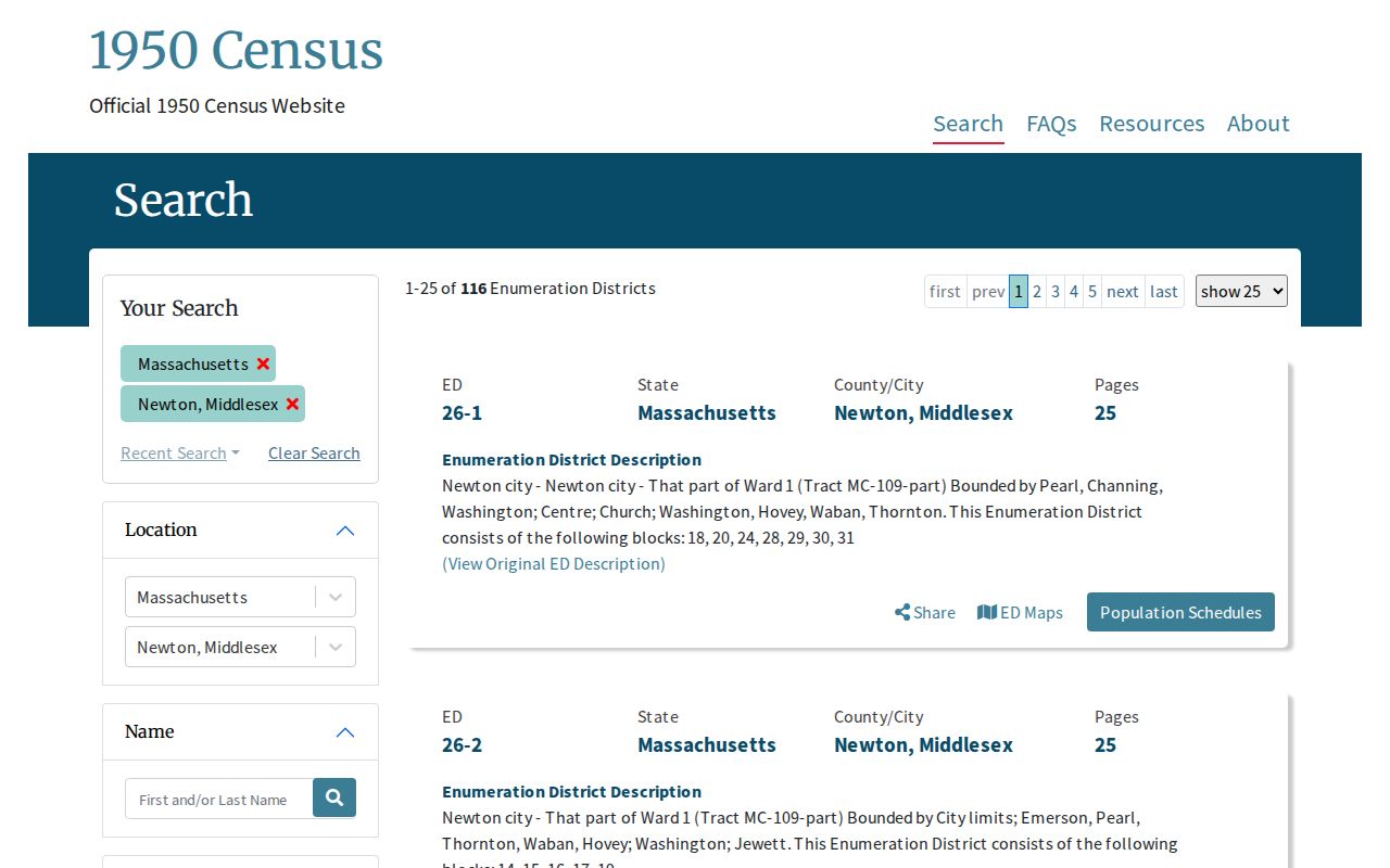 Newton previous residents National Archives 1950 census search